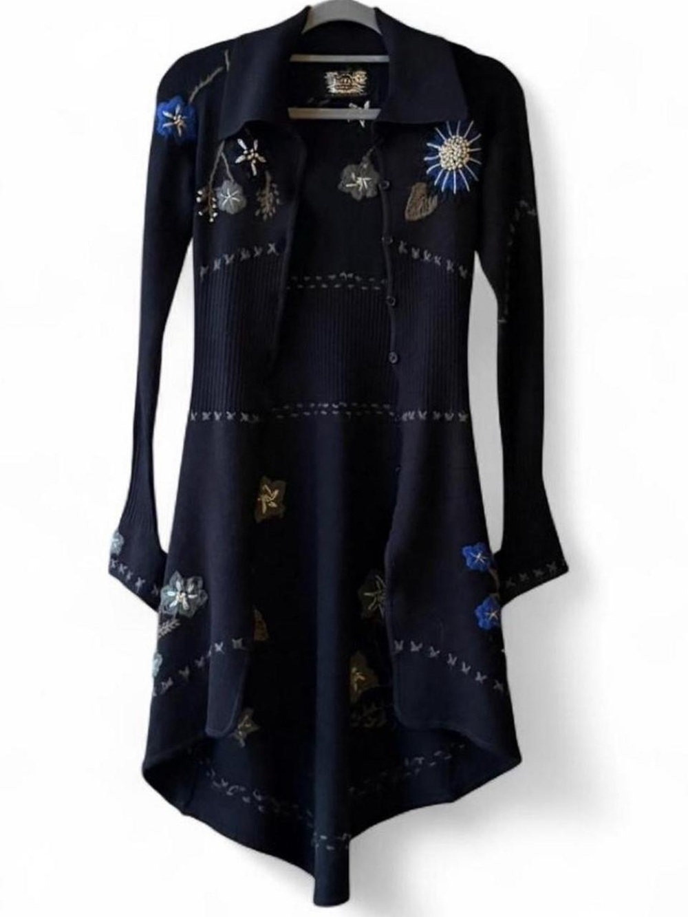 Vintage Buffalo David Bitton Black Embroidered Sweater Dress/Cardigan Size XS